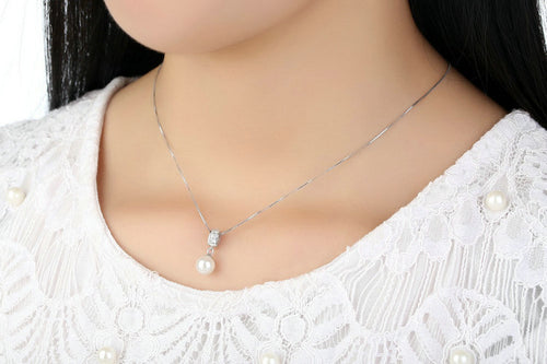 Load image into Gallery viewer, 925 Sterling Silver Simulated Pearl Pendant Necklace Long Chain Necklace Jewelry Wedding Necklace
