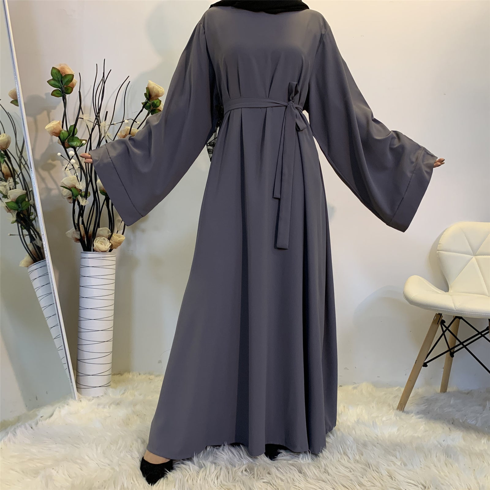 Solid Color Plus Size Lace-up Muslim Dress