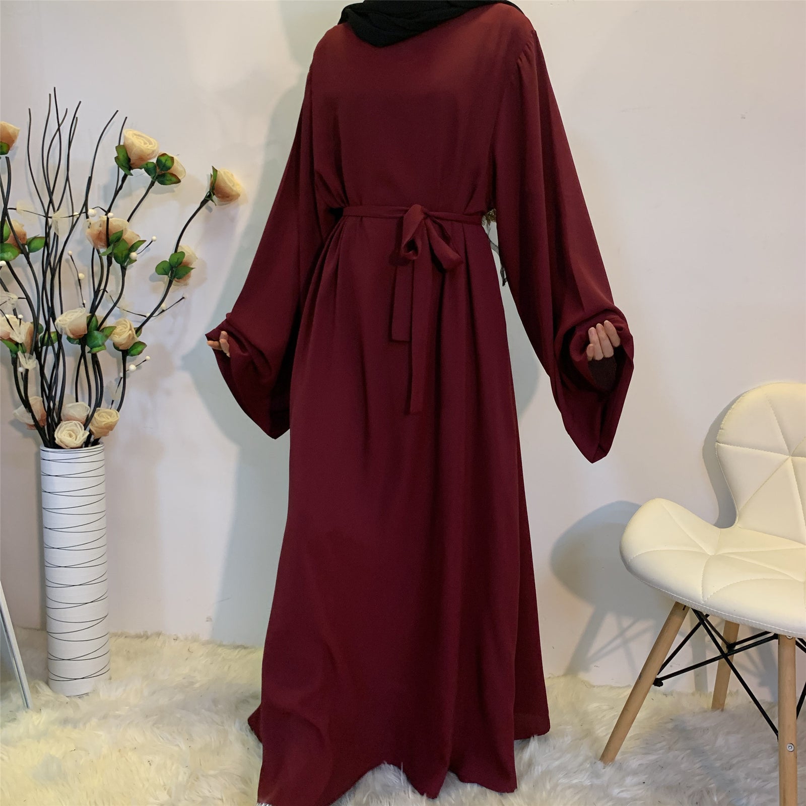 Solid Color Plus Size Lace-up Muslim Dress