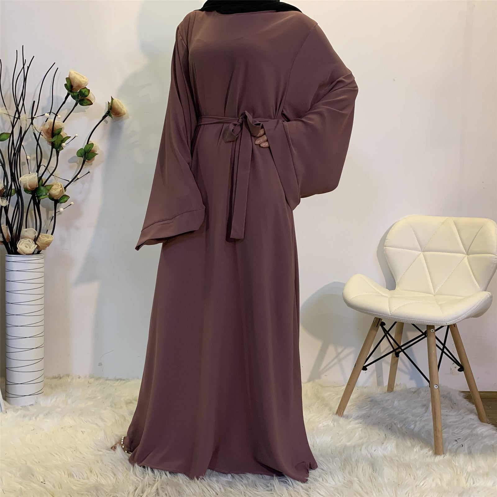 Solid Color Plus Size Lace-up Muslim Dress