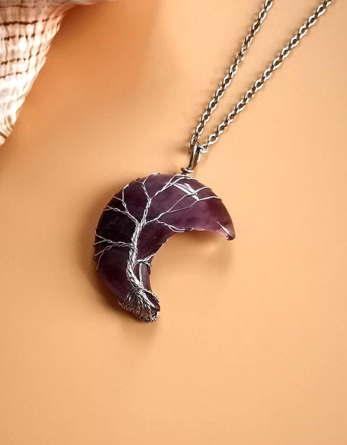 Load image into Gallery viewer, Moon Natural Stone Amethyst Tree Of Life Necklace Handmade Fortune Tree
