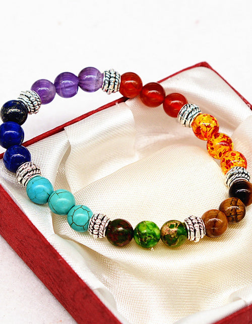 Load image into Gallery viewer, Reiki ancient silver natural stone agate tiger colorful crystal bracelet seven chakra Yoga Bracelet
