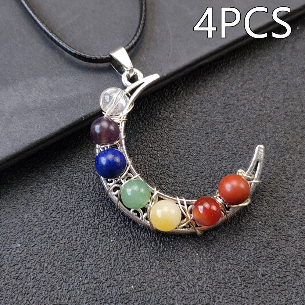 Crystal Stone Seven Chakras Moon Pentagram Necklace