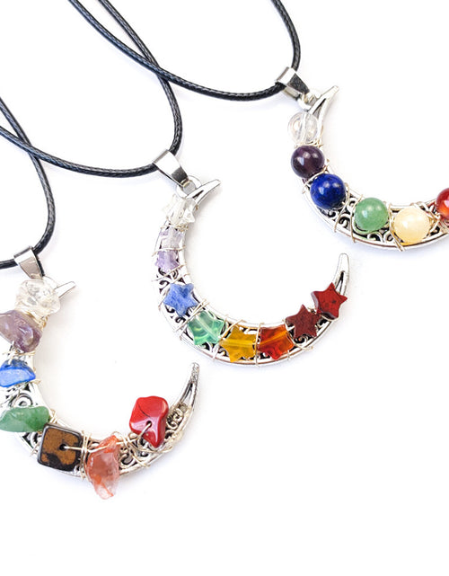 Load image into Gallery viewer, Crystal Stone Seven Chakras Moon Pentagram Necklace
