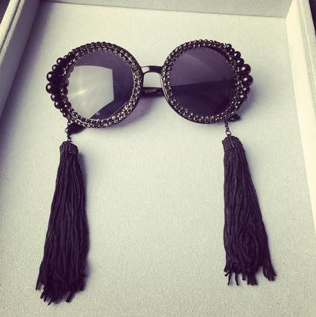 Fringed Pearl Rhinestone Retro Round Sunglasses