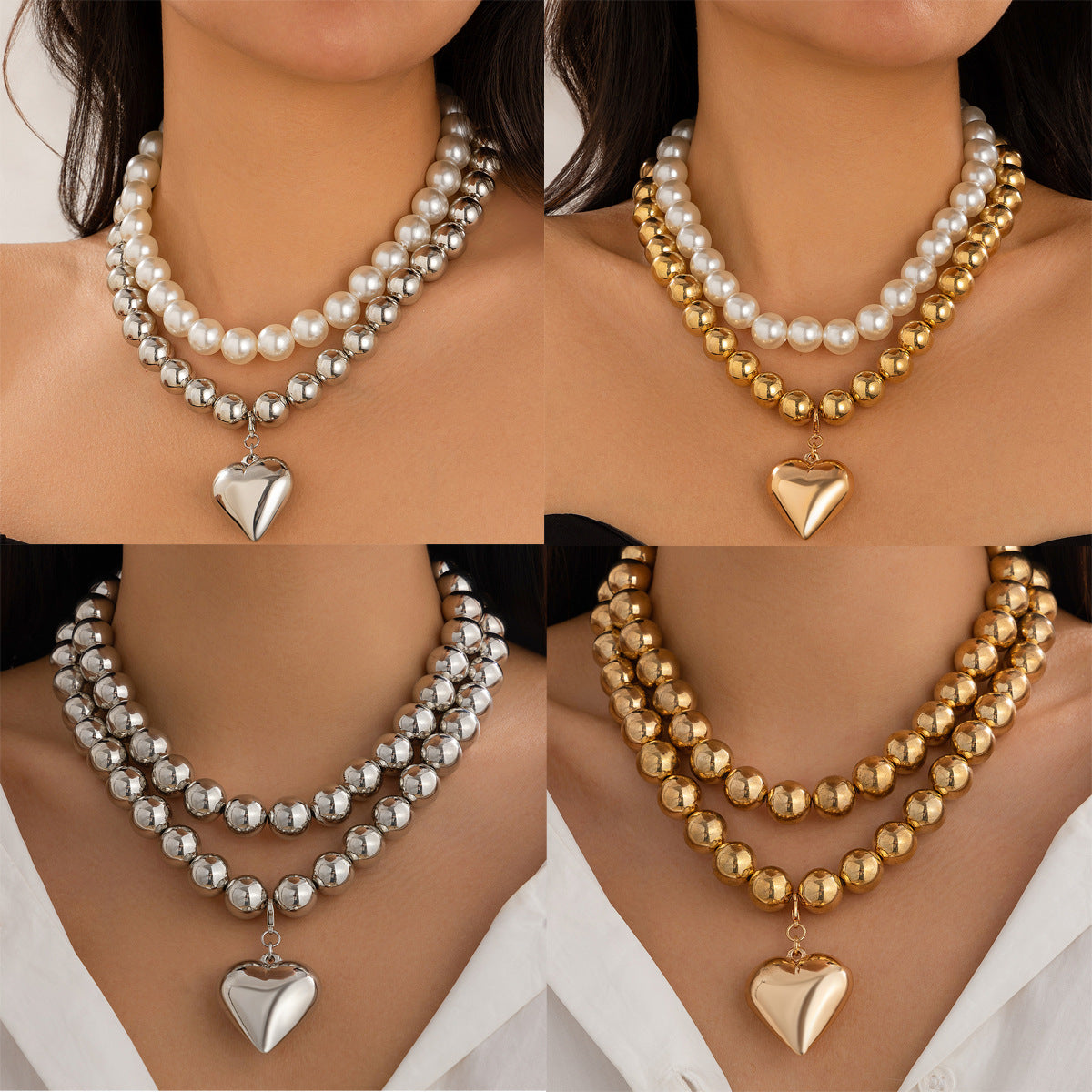 Ornament Pearl Heart Clavicle Chain Beaded Heart-shaped